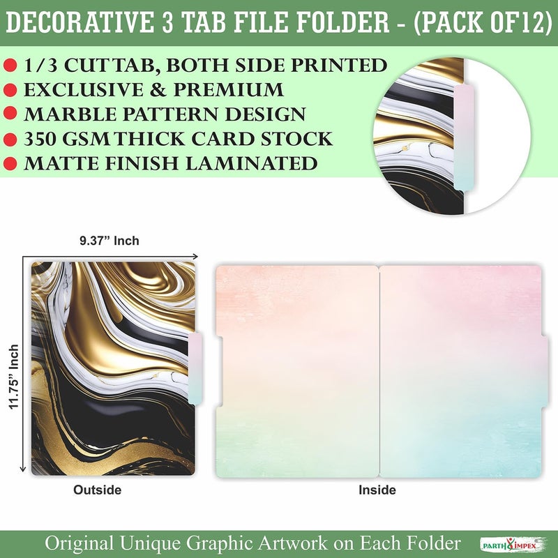 PARTH IMPEX 12 Pack Decorative File Folders, 1/3 Cut Tab with Assorted Positions, Letter Size Paper Holders (9.75” x 11.75”) Matte Finish Laminated for Office School Work - Marble Pattern Design - Image 2